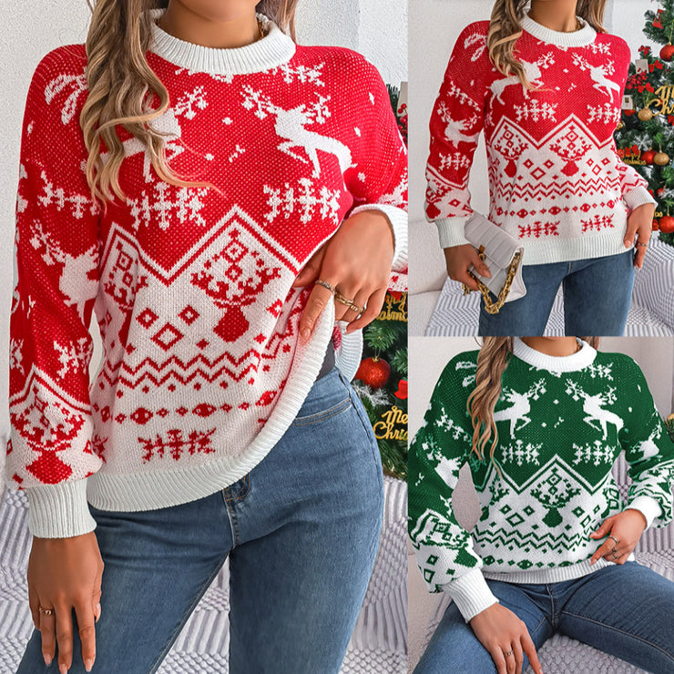 2026 New Year Autumn Winter Casual Deer Pattern Long Sleeve Hoodie Sweater Christmas For Women Red Green Knitted Pullover Jumper